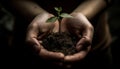 Hand holding sapling, new life planted, growth begins outdoors generated by AI