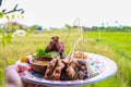 Hand holding a satay with peanut sauce, rice and vegetable.Indonesian traditional food Pork Satay with rice field background in Royalty Free Stock Photo