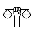 Hand holding scale justice law, human rights day, line icon design