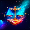 Hand holding scales of justice. Vector illustration in cartoon style on dark background generative AI Royalty Free Stock Photo