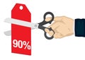 Hand holding a scissor, cutting the 90% off price tag. Concept of sale, discount; promotion or bargain. Isolated vector