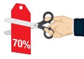 Hand holding a scissor, cutting the 70% off price tag. Concept of sale, discount; promotion or bargain. Isolated vector Royalty Free Stock Photo