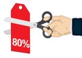 Hand holding a scissor, cutting the 80% off price tag. Concept of sale, discount; promotion or bargain. Isolated vector