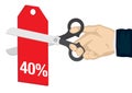 Hand holding a scissor, cutting the 40% off price tag. Concept of sale, discount; promotion or bargain. Isolated vector Royalty Free Stock Photo