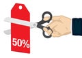 Hand holding a scissor, cutting the 50% off price tag. Concept of sale, discount; promotion or bargain. Isolated vector Royalty Free Stock Photo