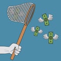 Hand holding scoop-net and catching flying winged dollars. Banknotes with wings goes to net. Concept of easy money. Vector. Royalty Free Stock Photo