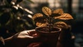 Hand holding seedling, planting in flower pot for indoor growth generated by AI Royalty Free Stock Photo