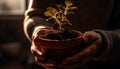 Hand holding seedling, planting new life in flower pot indoors generated by AI Royalty Free Stock Photo