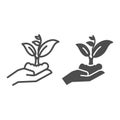 Hand holding seedling in soil line and solid icon, nature concept, Hand carefully holds sprout with leaves symbol on Royalty Free Stock Photo