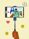 Hand holding selfie stick, man taking photo in front of Eiffel tower in Paris, France - flat vector illustration. Royalty Free Stock Photo