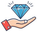 Hand holding a shining blue diamond, illustration of gem in hand Royalty Free Stock Photo