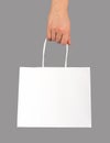 Hand holding shopping bag, paper packet, pack with handles, white package isolated Royalty Free Stock Photo