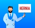 Hand holding signboard with text - hernia. Man showing billboard banner. Vector illustration.