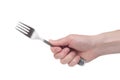 Hand holding a silver fork on an isolated white background Royalty Free Stock Photo