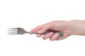 Hand holding a silver fork on an isolated white background