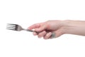 Hand holding a silver fork on an isolated white background Royalty Free Stock Photo