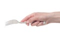 Hand holding a silver fork on an isolated white background Royalty Free Stock Photo