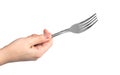 Hand holding silver fork, isolated on a white background photo Royalty Free Stock Photo