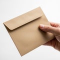 Hand holding simple brown envelope against white background Royalty Free Stock Photo