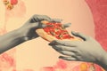 A hand holding a slice of pizza magazine collage style AI generation