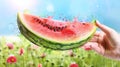 Hand holding a slice of watermelon against a sunlit background. Concept of summer, freshness, fruit, natural food