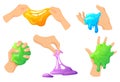 Hand holding slime. Homemade kids toy mucus between fingers hands, sticky slimy colorful funny glue, childish rainbow