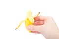 The hand holding small banana