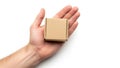 A hand holding a small brown cardboard box against a plain background Royalty Free Stock Photo
