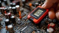Hand holding a small, digital device on a circuit board Royalty Free Stock Photo