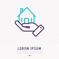 Hand holding small house thin line icon