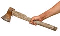 Hand holding small old rusty hatchet isolated on