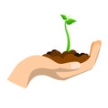 Hand holding a small plant on the dirt. Go green illustration. Flat vector illustration isolated on white background Royalty Free Stock Photo