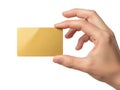 A hand holding a small, rectangular yellow card against a white background Royalty Free Stock Photo