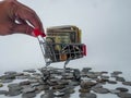 Hand holding small shopping cart with banknotes and and various currency coins using as shopping online or marketing concepts