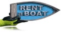 Hand Holding a Small Wooden Boat with Text Rent a Boat Royalty Free Stock Photo