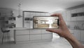 Hand holding smart phone, AR application, simulate furniture and interior design products in real home, architect designer concept Royalty Free Stock Photo