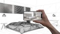 Hand holding smart phone, AR application, simulate furniture and interior design products in real home, architect designer concept Royalty Free Stock Photo