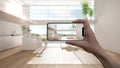 Hand holding smart phone, AR application, simulate furniture and interior design products in real home, architect designer concept Royalty Free Stock Photo