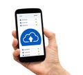 Hand holding smart phone with backup cloud storage concept on screen Royalty Free Stock Photo