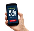 Hand holding smart phone with big sale concept on screen Royalty Free Stock Photo