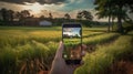 Hand holding smart phone camera up to take picture of green country field