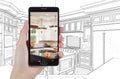 Hand Holding Smart Phone Displaying Photo of Kitchen Drawing Behind.