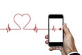 Hand holding smart phone with heart rhythm ekg, and heart shape, isolated on white background Royalty Free Stock Photo