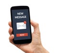 Hand holding smart phone with new message concept on screen Royalty Free Stock Photo