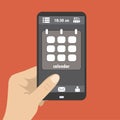 Hand holding smart phone, the screen icon calendar, flat design. Royalty Free Stock Photo