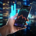 Hand holding smart phone with stock market chart on screen over blurred city background Royalty Free Stock Photo