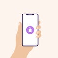 Hand holding smart phone in vertical position banner. Screen with closed padlock. Concept of cyber security, password, privacy. Royalty Free Stock Photo