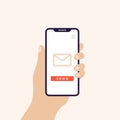 Hand holding smart phone in vertical position banner. Screen with email icon and send button. Vector illustration, flat design Royalty Free Stock Photo