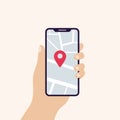 Hand holding smart phone in vertical position banner. Screen with map navigation and geo tag. Concept of geolocation. Vector