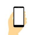 Hand holding smart phone on white background. Vector.